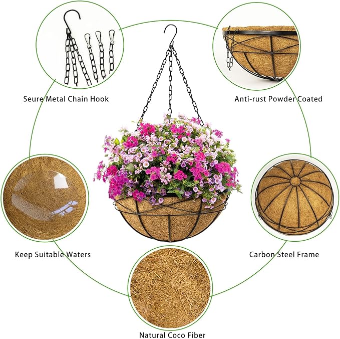 4 Pack 20 Inch Hanging Planters Baskets for Outdoor Plants Extra Large Deep Hanging Baskets with Natural Coconut Liner Flower Pots for Porch Balcony Garden Decor