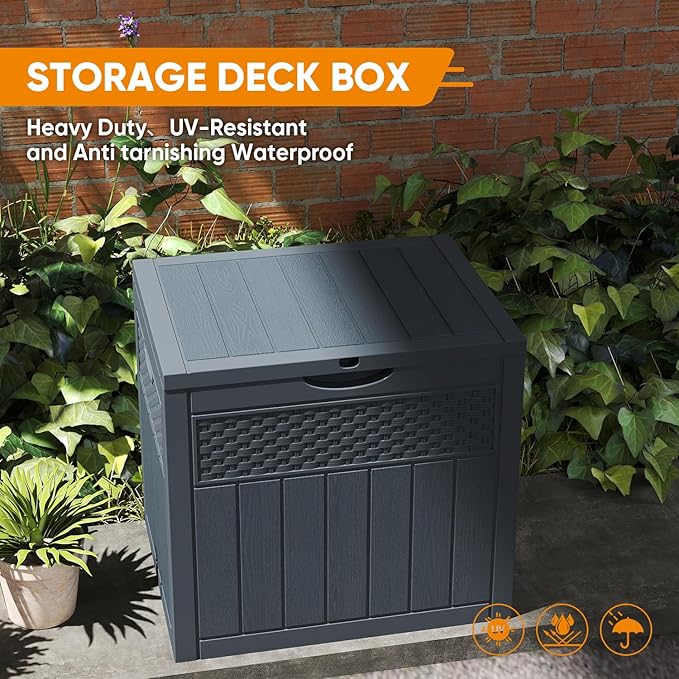 33 Gallon Resin Deck Box, Weatherproof Outdoor Storage Box for Patio, Garden, Pool, and Yard, Lockable Waterproof Bin for Tools, Cushions, and Accessories, Grey