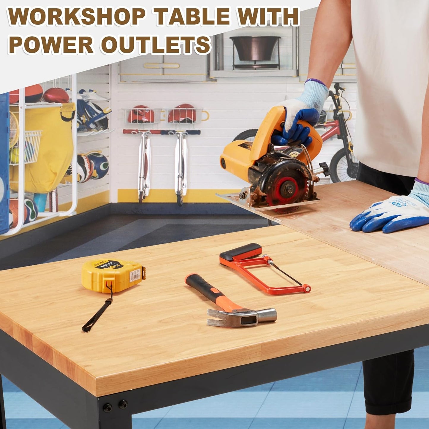 HABUTWAY Height Adjustable Workbench 48"x 24" 2000 Lbs Capacity Solid Wood Work Station Heavy-Duty Work Tables with Power Outlets for Garage Party Shop Office