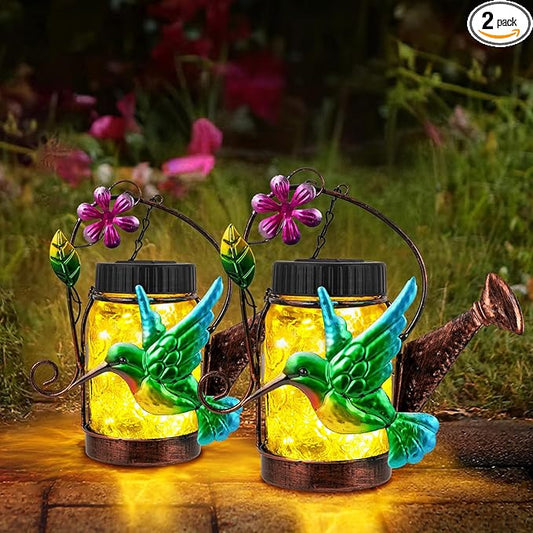 2 Pack Solar Lanterns Outdoor Waterproof Kettle Hanging Solar Lantern, Watering Jar Outdoor Solar Lanterns with Hummingbird Decor for Yard Garden Tree