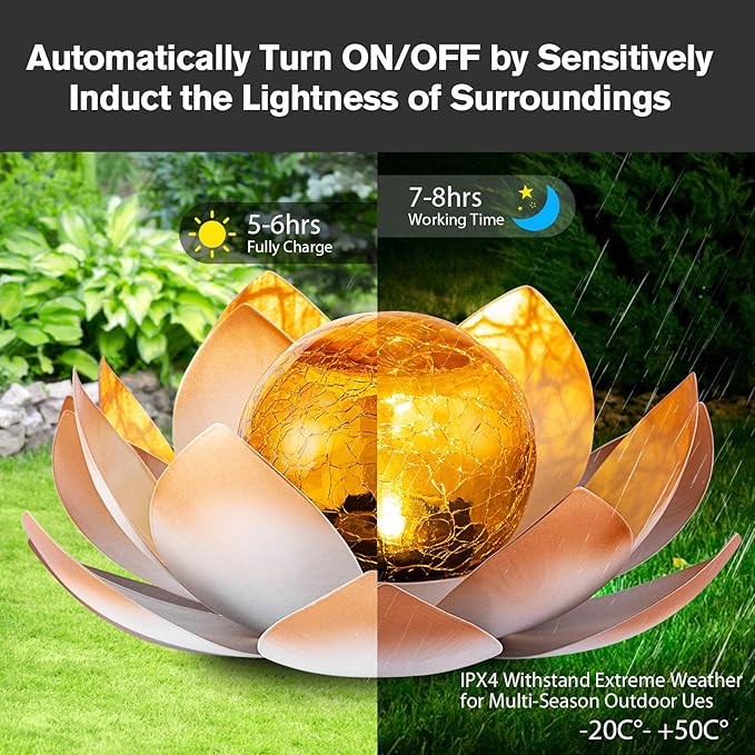 Huaxu Solar Lights Outdoor Garden Decorative Art Metal Lotus Cracked Glass Ball Waterproof Decorations for Pathway Lawn Patio Yard Ground Tabletop Gifts