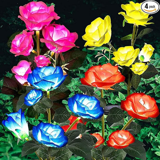 ANGMLN 4 Pack Solar Garden Lights, Solar Flower Lights Outdoor Waterproof with 20 Head Rose 7-Color Changing Landscape Light for Garden Yard Pathway Patio Grave Cemetery Decoration