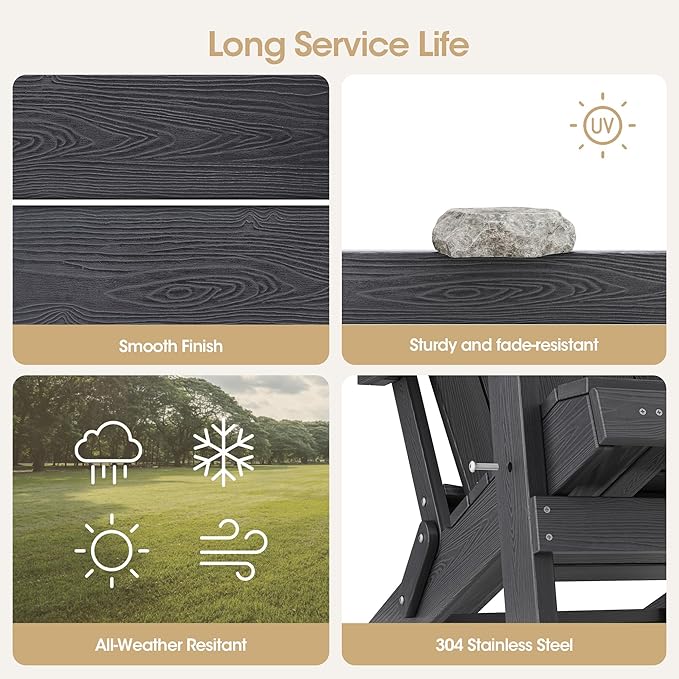 Adjustable Backrest Folding Adirondack Chair Set of 4, Adirondack Chair with Retractable Ottoman, Weather Resistant Fire Pit Chair with 2 Cup Holders, for Porch Backyard Outdoor Lawn, Black