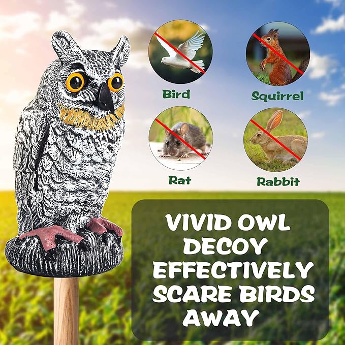 3 Pack Fake Owl Decoy to Keep Birds Away - Plastic Horned Owl Statues Bird Scarecrow Deterrents for Pigeon Hawk Squirrels Woodpecker, Halloween Decoration, Bird Scare Devices for Garden Outdoor Yard