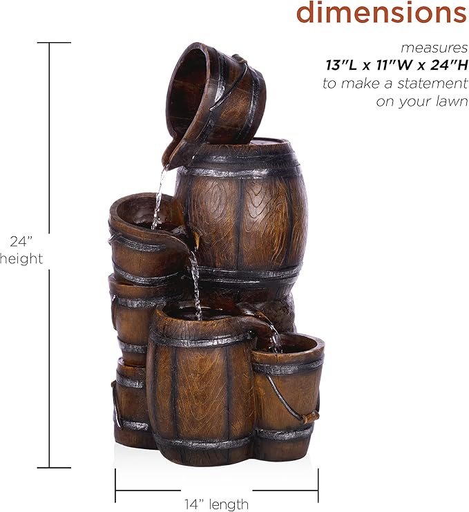 Alpine Corporation ZEN409S 24" Indoor/Outdoor Floor Tiered Barrels and Buckets Fountain, Rustic 4-Tier – Water Feature for Garden, Patio, and Home Décor, Brown