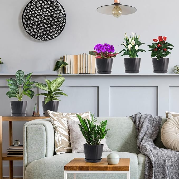 7 Inch Plant Pots Bulk, 6 Pack Plastic Planters with Drainage Holes and Saucers for Indoor Outdoor House Plants and Flowers, Black