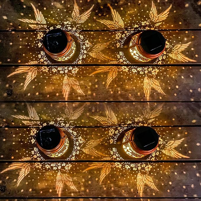 4 Packs Solar Lanterns Outdoor Hanging Lantern Lights, 4 Hummingbirds Hollowed-Out Metal Decor Lantern, Waterproof LED Decorative Garden Light Gifts