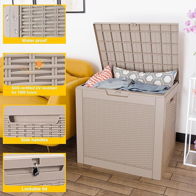 31 Gallon Outdoor Storage Box – Waterproof Deck Box for Garden & Patio,Light Brown