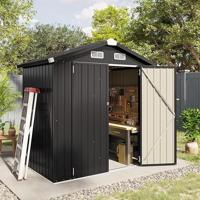 Aoxun 6.2x4 FT Shed Outdoor Galvanized Storage Shed with Large Lockable Doors for Lawn, Backyard, Patio (Black)