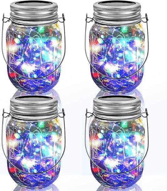 Hanging Solar Mason Jar Lights,ZQX 4 Pack 20 Led String Hanging Mason Jar Lanterns for Outdoor,Great Decor Light for Outside Patio Garden Yard Fence Wedding Table,Hangers and Jars Included（Multicolor）