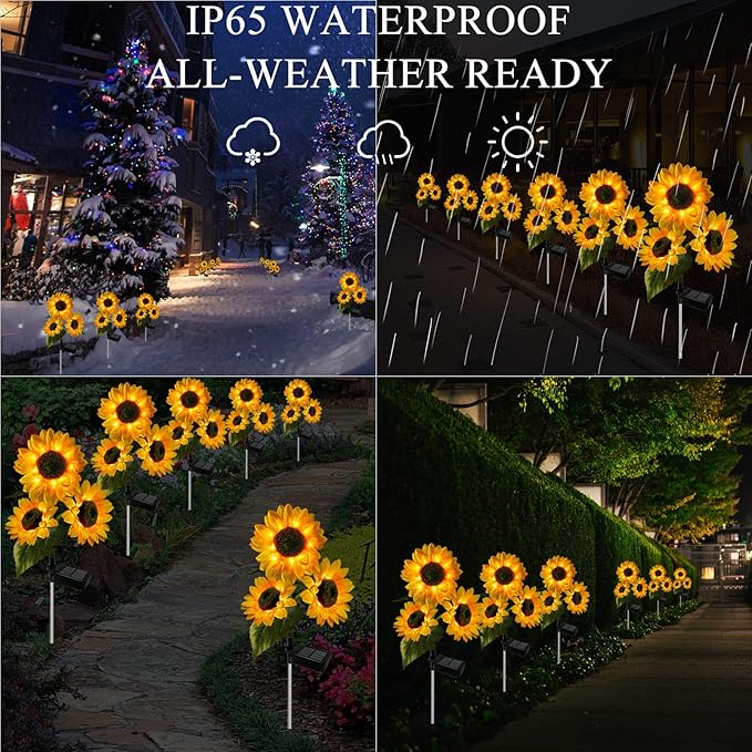 3 Pack Sunflower Solar Lights Outdoor Decor with 3 LED Sunflower Yellow Flower Lights Decorative Waterproof for Patio Lawn Garden Yard Pathway Decoration