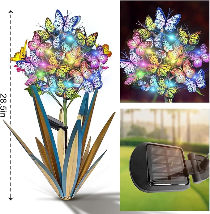 Homight Solar Metal Agave Butterfly Flower Stick Garden Sculpture - Outdoor Gift, Christmas Lights - Swaying Butterfly Garden Lights (2 PCS Blue)