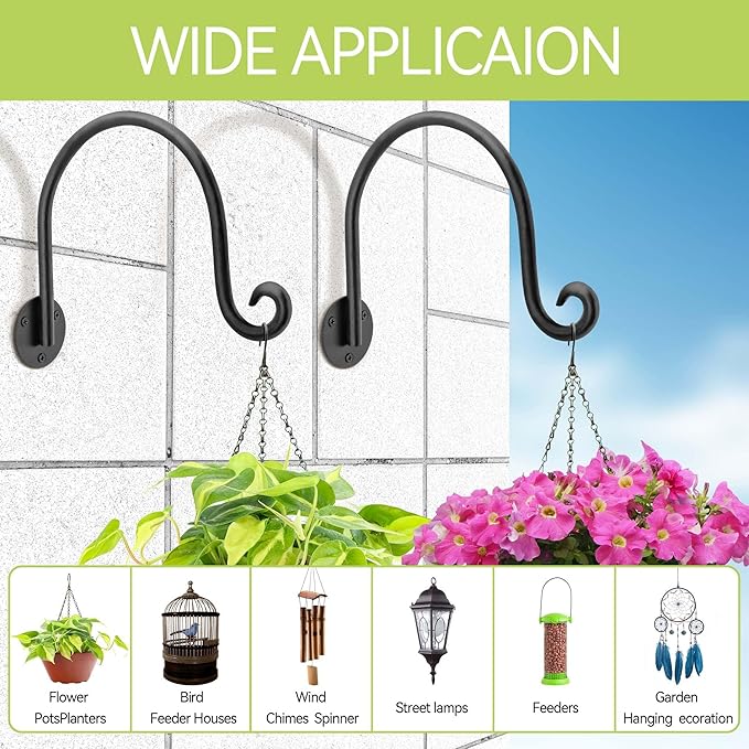 AJART Hanging Plant Hanger Outdoor: Bird Feeder Wall Hooks - 8 Inch Plant Bracket Hook for Hanging Flower Baskets 4 Pieces