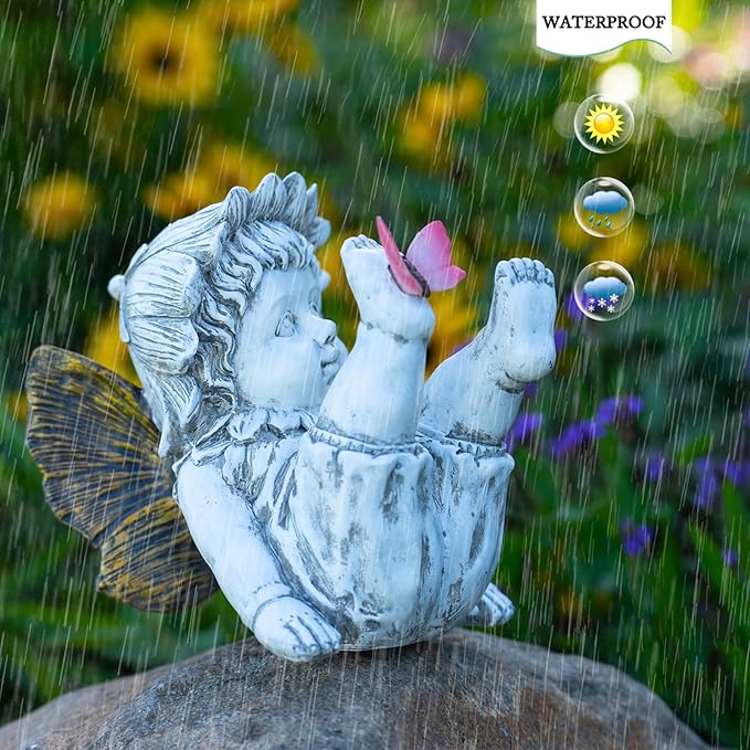 Garden Fairy Outdoor Solar Decor,Fairy Garden,Garden Sculpture,Resin Ornaments for Patio Lawn Yard Porch,Playful Garden Flower Fairy Statues for Outside Angel Gifts,7.91 Inches Tall