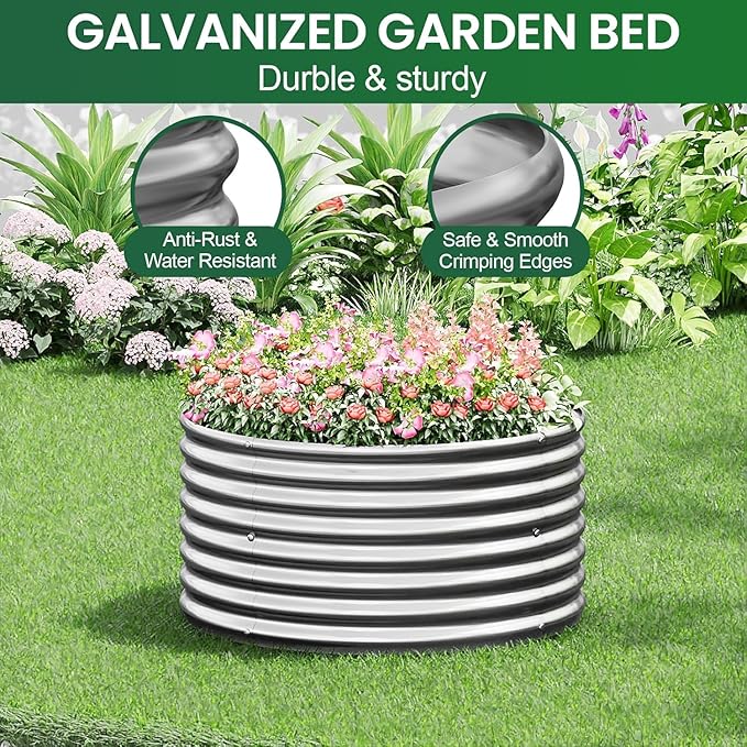 4 Pack 3x3FT Round Galvanized Raised Garden Bed Outdoor,Metal Garden Bed for Vegetables,Steel Raised Beds for Gardening,Above Ground Garden Box for Flower-R37