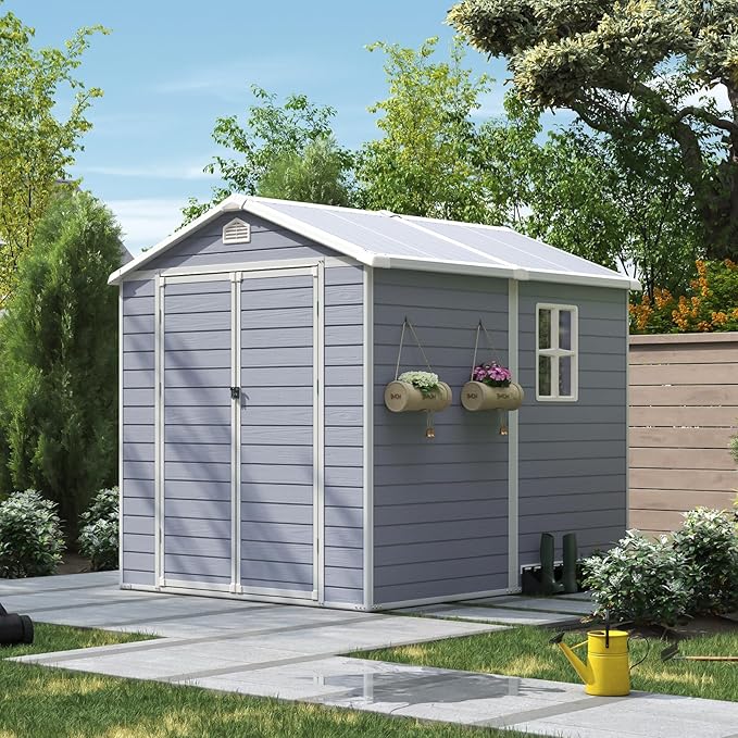 Aoxun 6X8 FT Resin Outdoor Storage Shed with Floor, Plastic Garden Shed with Lockable Door and Window, Tools House to Store Patio Furniture, Bike Accessories, Garbage Can and Lawn Mower - Grey