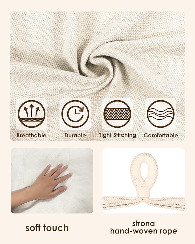 Highwild Hammock Chair Hanging Rope Swing - Max 500 Lbs - 2 Cushions Included - Steel Spreader Bar with Anti-Slip Rings - for Any Indoor or Outdoor Spaces (Beige)