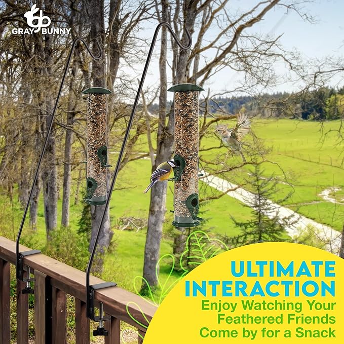 Gray Bunny Deck Hook 2 Pack, 30 Inch Bird Feeder Pole, with Non-Slip Clamp Deck Bird Feeder Hanger for Railing for Feeders, Planters, Suet Baskets, Lanterns, Wind Chimes and More