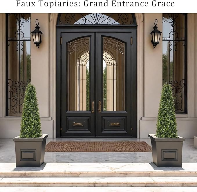 4ft Artificial Boxwood Topiary Trees (Set of 2) - UV Resistant Faux Plants Outdoor, Realistic 48in Fake Potted Bushes and Shrubs for Front Porch, Planter, Patio - Low Maintenance & Evergreen