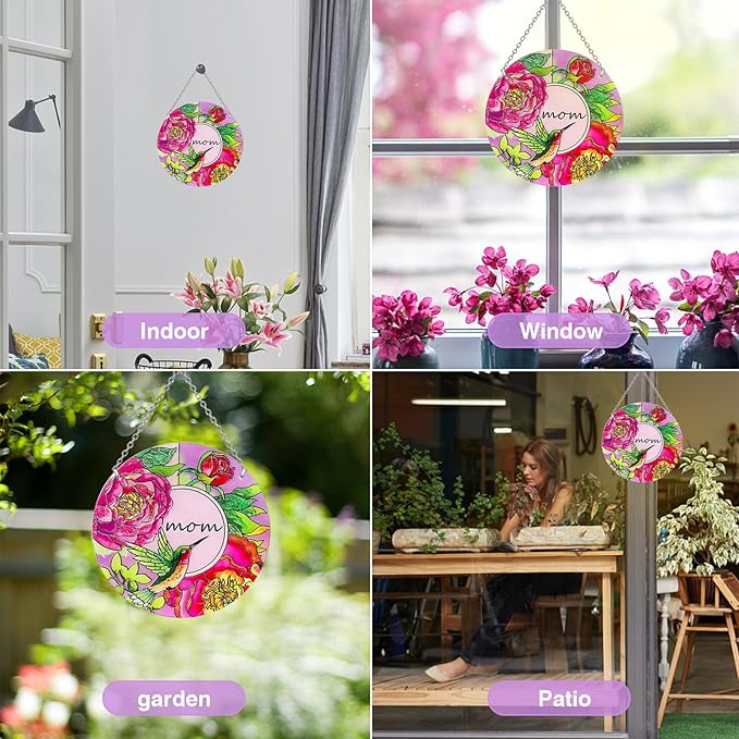 Hummingbird Gifts for Mom, Stained Glass Bird Window Hangings, Sun Catcher Ornament Hanging for Windows, Hummingbird Suncatcher for Women, Mother's Day Birthday Christmas (Suction Cup, 6in)