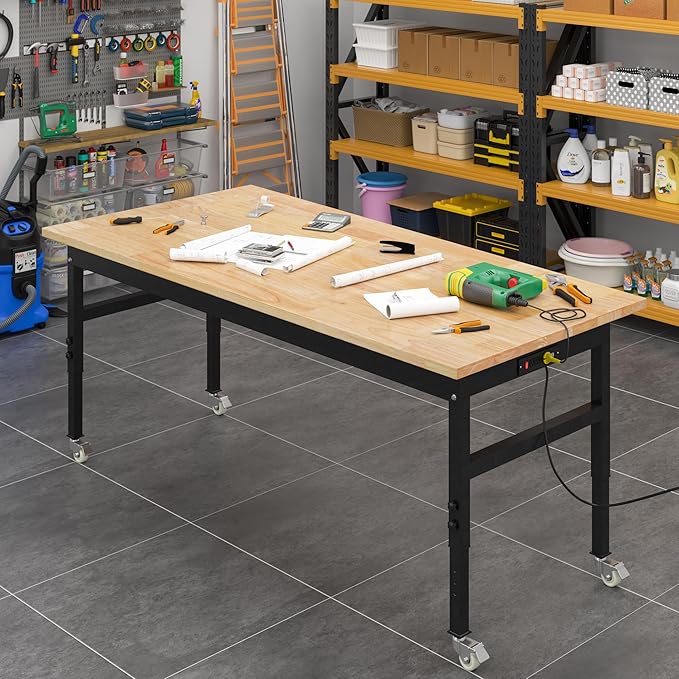 60" Adjustable Work Bench, Rubber Wood Top Workbench Heavy-Duty Work Table with Power Outlet with Wheels, 2000 LBS Load Capacity Hardwood Work Benches for Garage, Workshop, Home, Office, Easy Assembly
