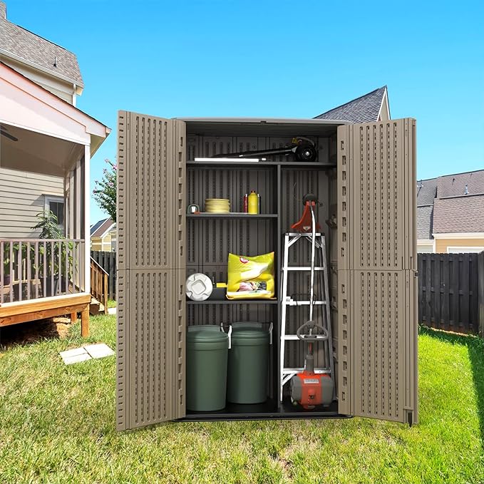 HOMSPARK Storage Shed Weather Resistance, Multi-Purpose Outdoor Storage Cabinet for Backyards and Patios, Horizontal Storage Shed for Lawnmower, Patio Accessories (Coffee, Tall - 53 cu.ft)