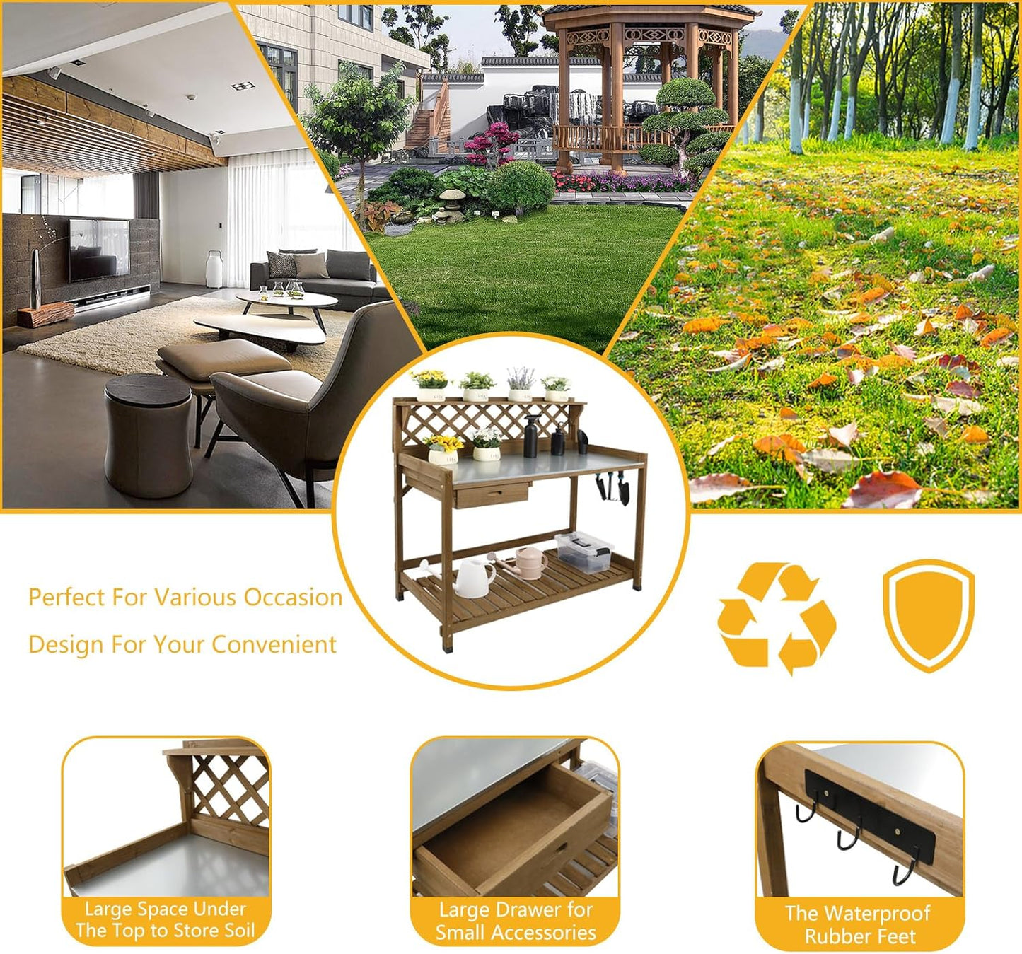 Garden Potting Bench with Metal Tabletop,Outdoor Potting Table Workstation Benches with Drawer/Storage Shelf，Fir Wood Potting Station Work Table with Open Shelf,Lattice Back (Brown)