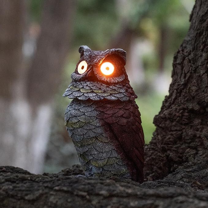 Garden Owl Statue - Resin Owl Figurines with Solar Powered Light Eyes and Spring Head Outdoor Owl Decorations for Patio Yard Porch Lawn, Ornament Gift
