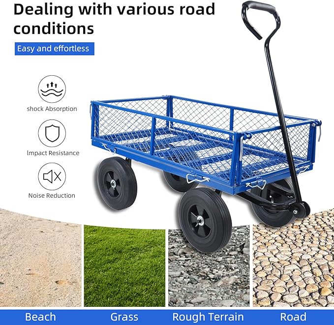 Heavy Duty 480 Lbs Capacity Mesh Steel Garden Cart Folding Utility Wagon with Removable Sides (Blue)