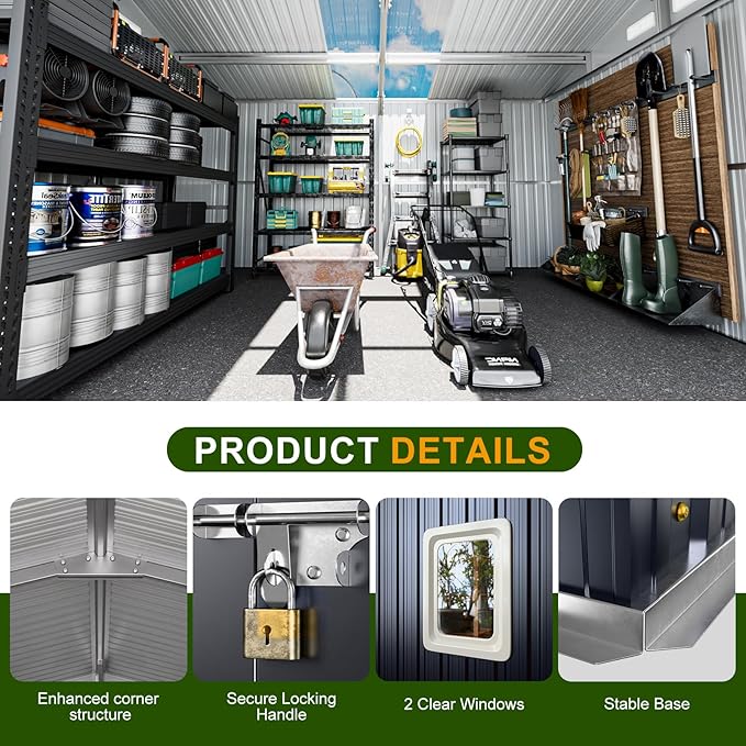 12x10 FT Metal Sheds & Outdoor Storage: Heavy Duty Garden Sheds with Dual Transparent Panels, DIY-installable Windows & Lockable Doors, Weatherproof Tool Shed for Backyard, Garden, Patio, Grey
