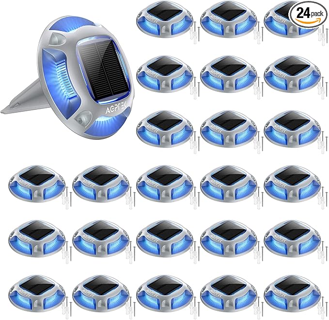 AGPTEK Solar Driveway Lights 24 Pack, 2 Colors in 1 Outdoor Solar Deck Dock Marine Waterproof LED Driveway Marker Security Lights for Outside Pathway,Boat Dock,Step,Walkway,Path,Garden