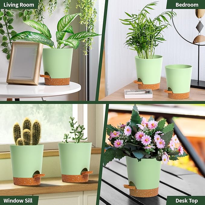 4 inch Small Plant Pots for Outdoor Indoor Plants, 10 Pack Planters with Drainage Holes and Tray, Small Self Watering Pots for Succulent,Cactus, Aloe and Other Plants (Green)