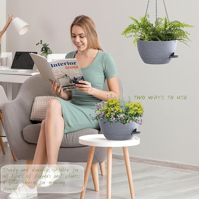 12 Inch Hanging Baskets 2 PC with Chains, Self-Watering Hanging Planters for Indoor Outdoor Plants, Plastic Hanging Flower Pots,Speckled Grey