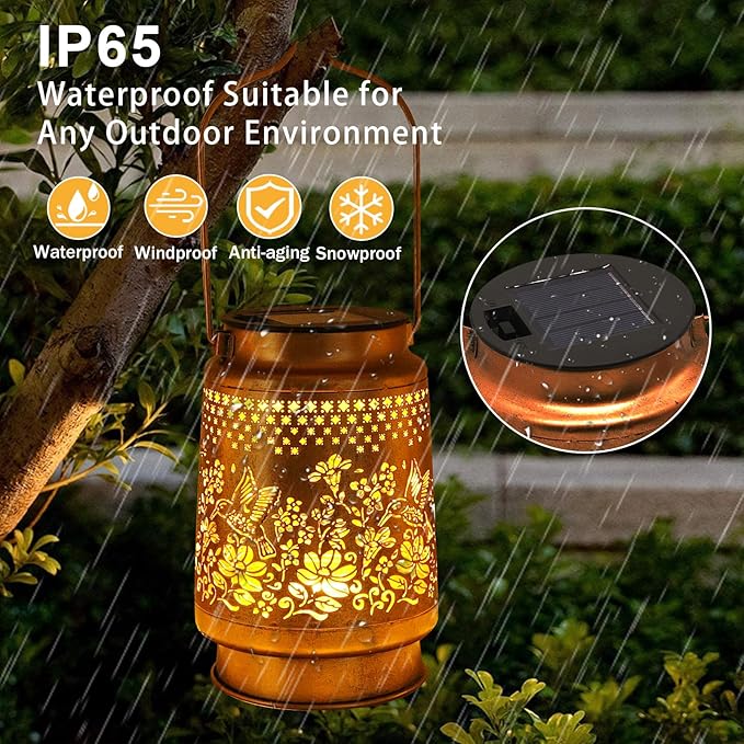 2 Pack Solar Lanterns Outdoor Hanging Lanterns with Shepherd Hook, Birthday Gifts for Women Mom Grandma Hummingbird Metal Decor Lantern Waterproof Solar Lights LED Decorative for Garden Yard Patio