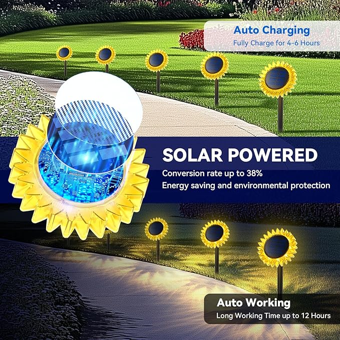Hogni 6PK Solar Garden Lights, Ground Stake/Hang 2 in 1 Solar Sunflowers Outdoor Waterproof IP67, Outdoor Decor for Pathway Walkway Landscape Backyard Fence Decoration