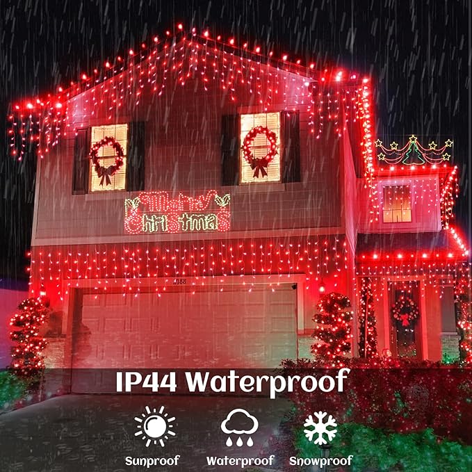 66ft Icicle Lights for Outside, Red Christmas Lights Outdoor Waterproof for House, 640 LED Twinkle Tree Lights with 120 Drops Clear Wire Short Curtain Lights for Room Home Wall Indoor Decorations