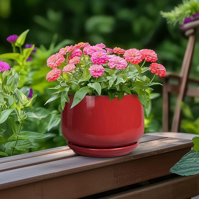 G EPGardening Ceramic Pot for Plants - 6 Inch Plant Pot with Drainage and Ceramic Tray, Modern Living Room Decor, Planter for Housewarming Gifts New Home, Red