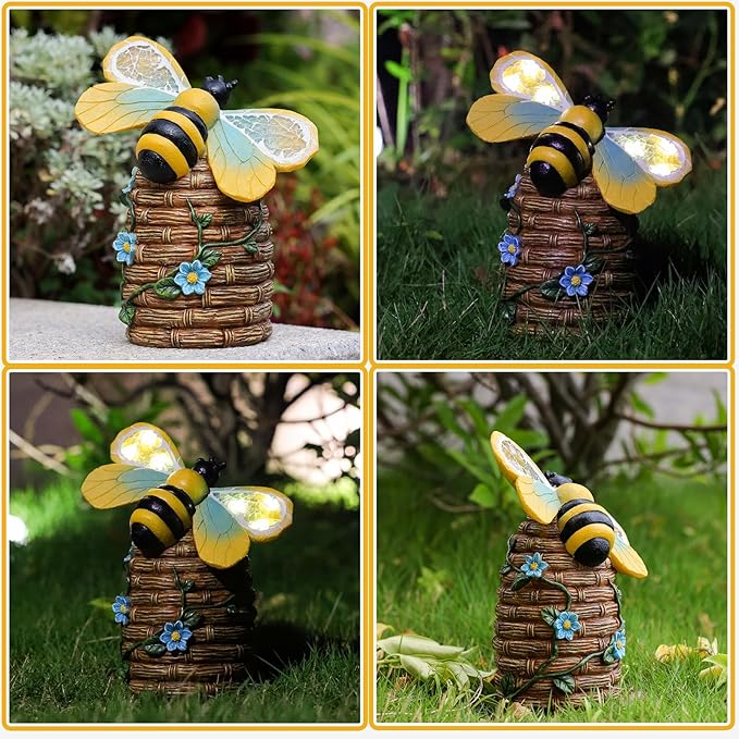 Garden Statue Bee Decor-Outdoor Statue Bees Decorations-Solar Garden Light Bumble bee Figurine Patio,Balcony,Yard,Lawn Ornament Mom Gift