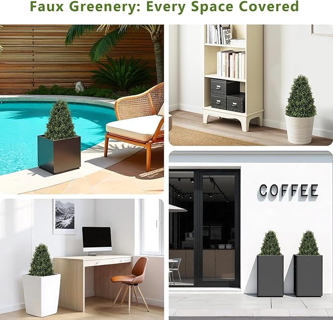 30" Boxwood Topiary Trees Artificial Outdoor Set of 2, UV Resistant Faux Plants for Front Porch Planters, Realistic Cone-Shaped Fake Bushes & Shrubs, 2.5ft Evergreen Decoration