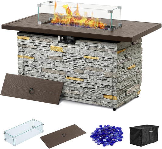 43¡± Propane Fire Pit Table Outdoor Rectangular Stone Firepit Table 50,000 Btu Propane Fire Tables for Outside Patio with Glass Wind Guard, Lid, Fire Glass Beads,Brown Rock Look