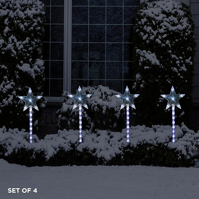 Alpine Corporation Holiday Décor Shooting Star Garden Stake with LED Lights, 4-Pack, Christmas Decoration