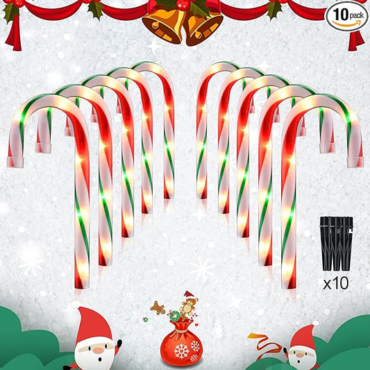 10" Christmas Candy Cane Lights - Set of 10 Pathway Markers Christmas Outdoor Yard Decorations, Xmas Candy Canes Stake Lights for Lawn Walkway Garden, Xmas Party Indoor Ornaments