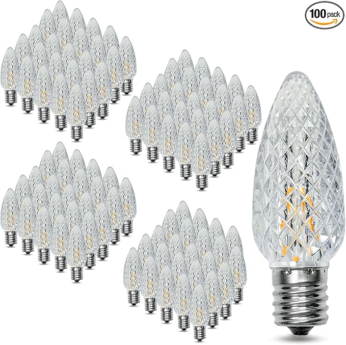 100Pack C9 Christmas LED Light Bulbs, Strawberry Replacement Bulb 2200K Warm White Shatterproof & Waterproof Outdoor String Light Bulbs, E17 Candelabra Base Edison Bulbs for Holiday Decoration