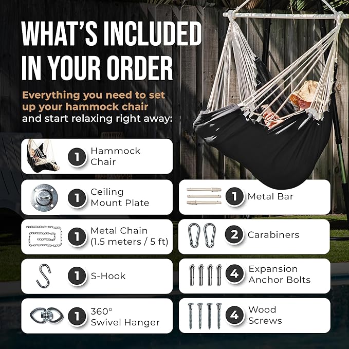 Hanging Hammock Chair Swing – Hanging Chair Outdoor & Indoor - Hammock Swing Chair – Quick & Easy Setup with Hardware Kit – Durable & Spacious Full Body Support – Holds 440 Lbs