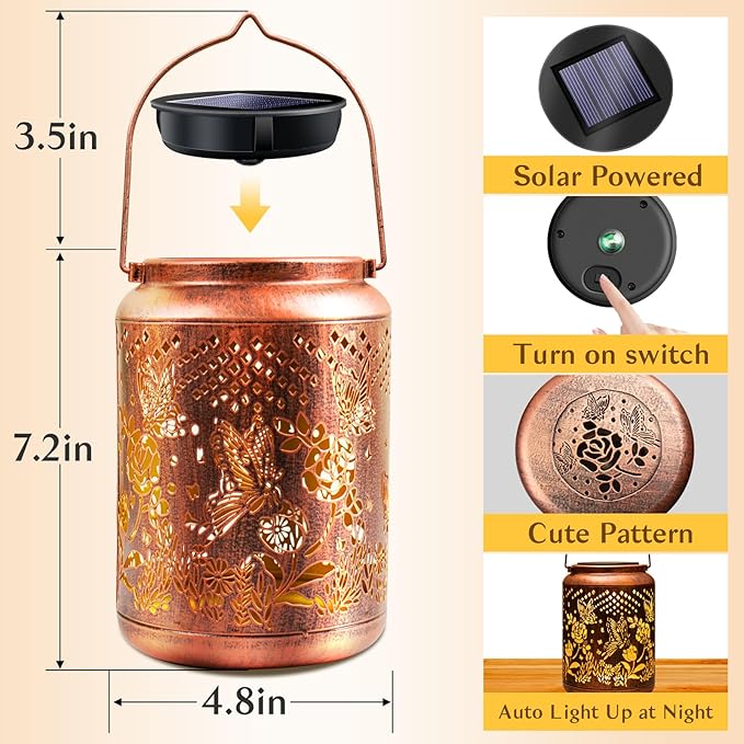 Hyriony Butterfly Solar Lanterns Outdoor Waterproof Metal Hanging Lights, Garden Decor Gifts for Women, Mom, Grandma Solar Decorations for Yard, Patio, Backyard, Porch, Lawn, Walkway, Tabletop