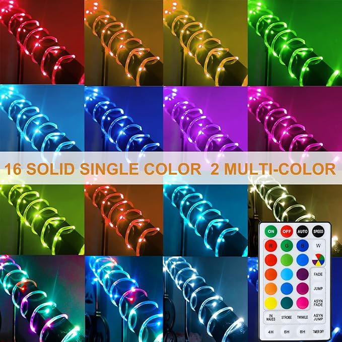 18 Colors 33FT Solar Rope Lights Outdoor Waterproof LED, Color Changing 100 LED Rope Lights Blue Green Pink Fairy String Tube Lights Remote Timer for Trampoline Garden Fence Tree Party Christmas Decor