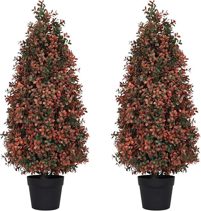 3ft Artificial Boxwood Topiary Trees (Set of 2) - UV Resistant Faux Plants for Outdoor/Indoor, Realistic 36in Fake Bushes and Shrubs for Front Porch, Planter, Patio - Low Maintenance & Evergreen