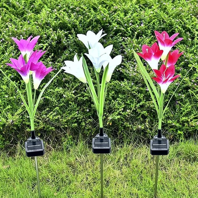 ANGMLN 4 Pack Solar Flowers Lights,16 Bigger Head Solar Lily Flowers, 7 Color Changing Pathway Lamps for Garden Patio Yard Party Wedding Holiday Outdoor Garden Stake Decoration(Purple2&White1&Pink1)