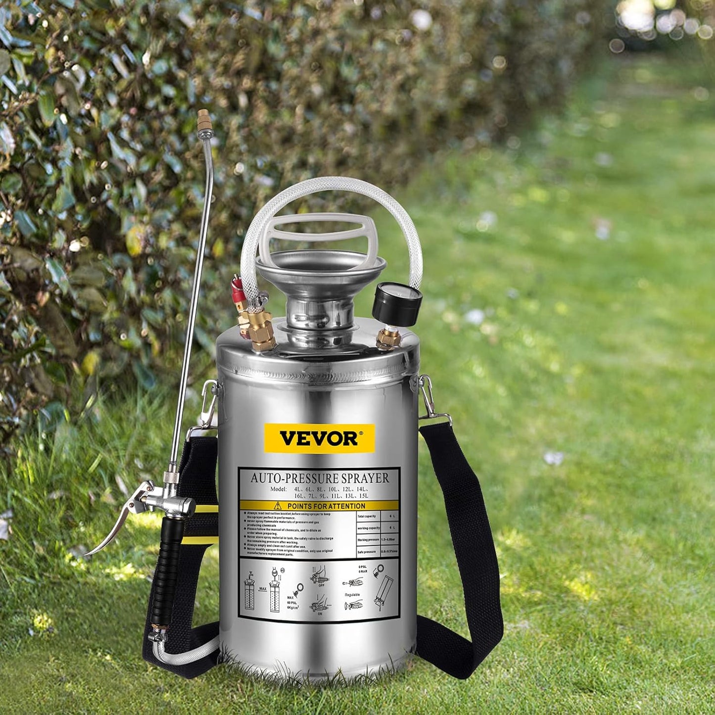 Happybuy 1.5 Gallon Stainless Steel Sprayer, 16" Wand&3.3FT Reinforced Hose, Hand Pump Sprayer with Pressure Gauge, Safety Valve&Adjustable Nozzle, Weed Sprayers for Lawn, Gardening & Sanitizing