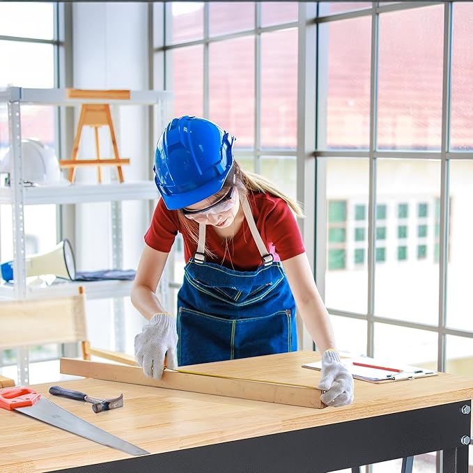 60" Adjustable Work Bench, Rubber Wood Top Workbench Heavy-Duty Work Table with Power Outlet with Wheels, 2000 LBS Load Capacity Hardwood Work Benches for Garage, Workshop, Home, Office, Easy Assembly